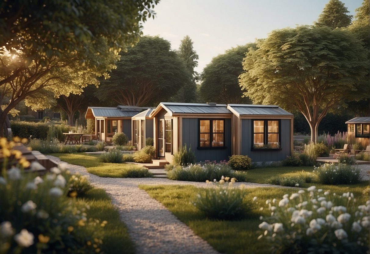 A cluster of tiny homes nestled among trees, with a communal garden and gathering area, surrounded by a peaceful and serene natural landscape