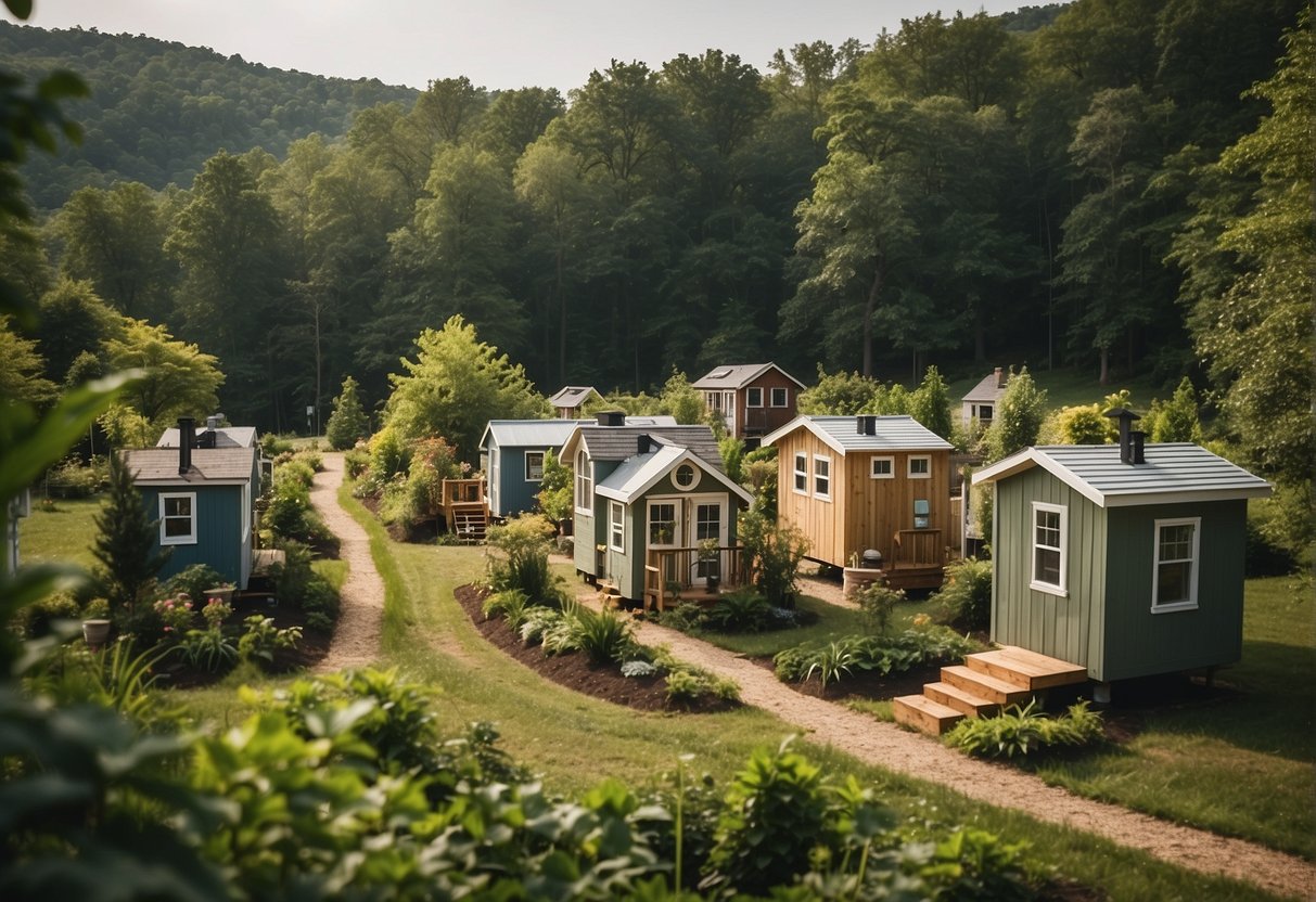 A group of tiny homes nestled in a lush green Maryland landscape, with a central gathering area and community garden