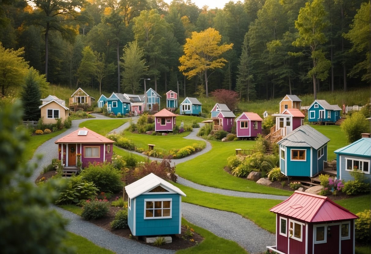 A cluster of colorful tiny homes nestled in a lush Massachusetts landscape, with winding pathways and communal areas for residents