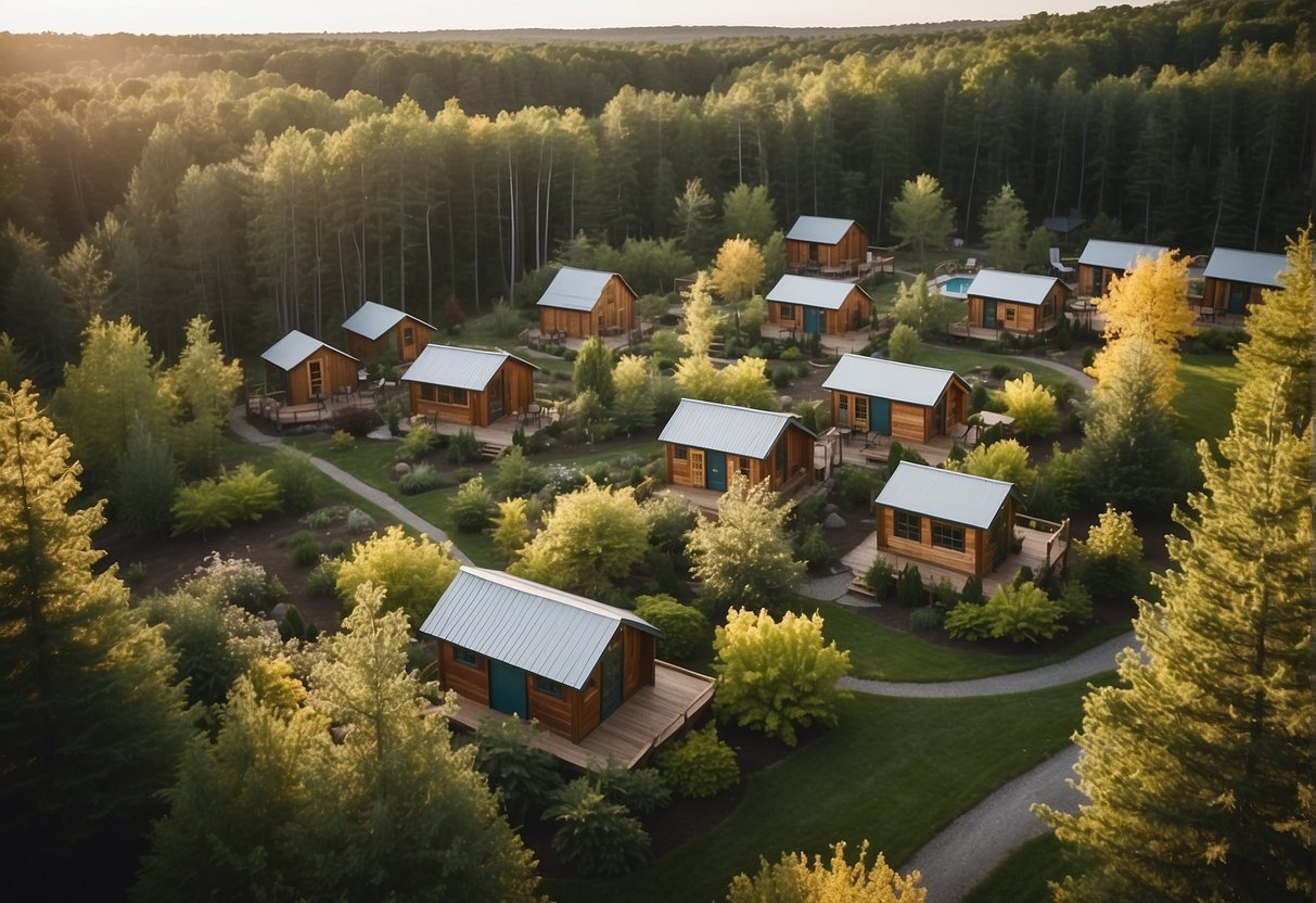 A cluster of tiny homes nestled among trees in a serene Massachusetts community, with communal gardens and a central gathering space