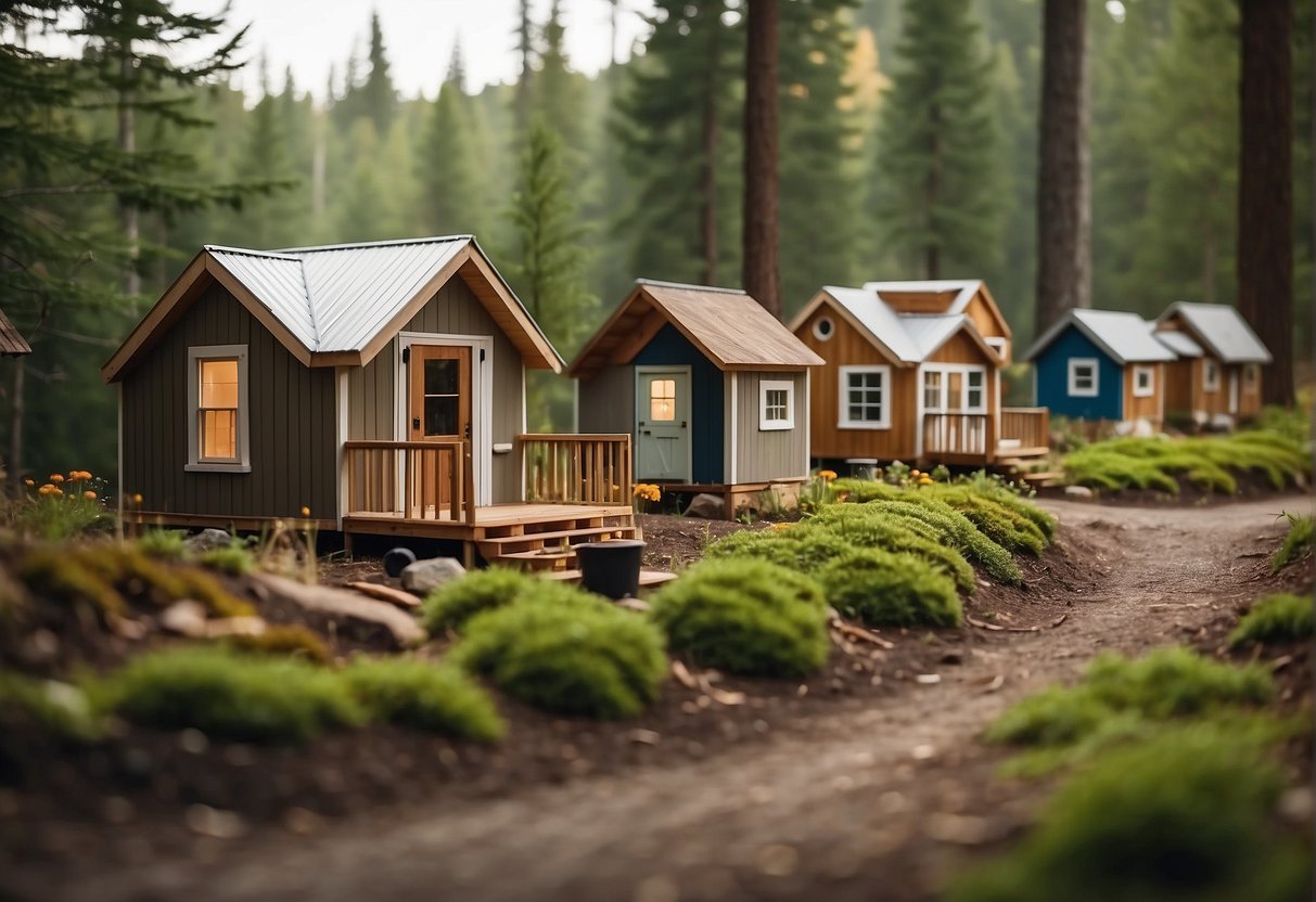 A group of tiny homes nestled within a wooded area, with clear signage indicating compliance with local zoning laws
