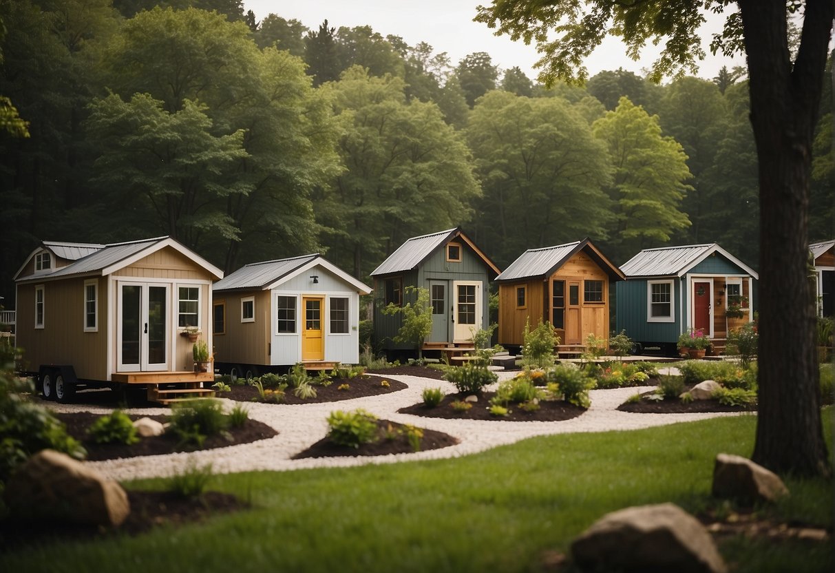 A cluster of tiny homes nestled among trees, with communal gardens and gathering spaces, creating a sense of community in a serene Maryland setting