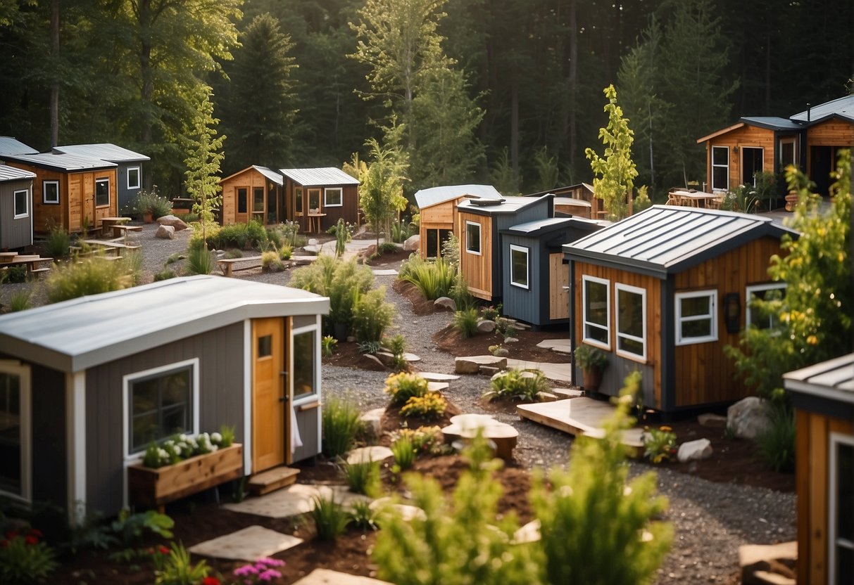 A group of tiny homes arranged in a community setting, surrounded by greenery and communal spaces, with a focus on sustainable design and construction