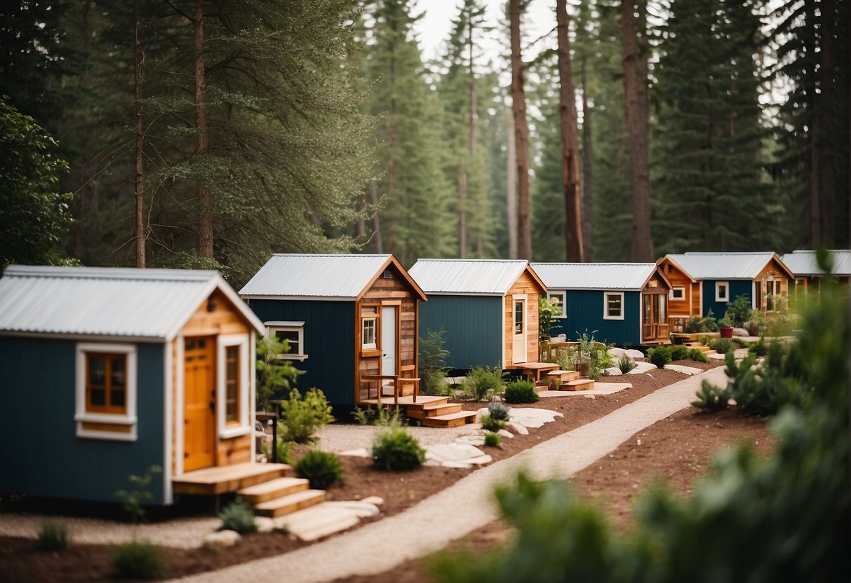 A group of tiny homes arranged in a community setting, with various financing and ownership signs displayed prominently. The homes are nestled among trees and greenery, creating a peaceful and inviting atmosphere