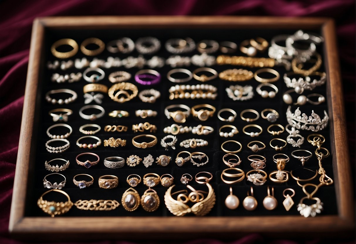 A collection of various nose rings in different sizes and styles displayed on a velvet-lined tray
