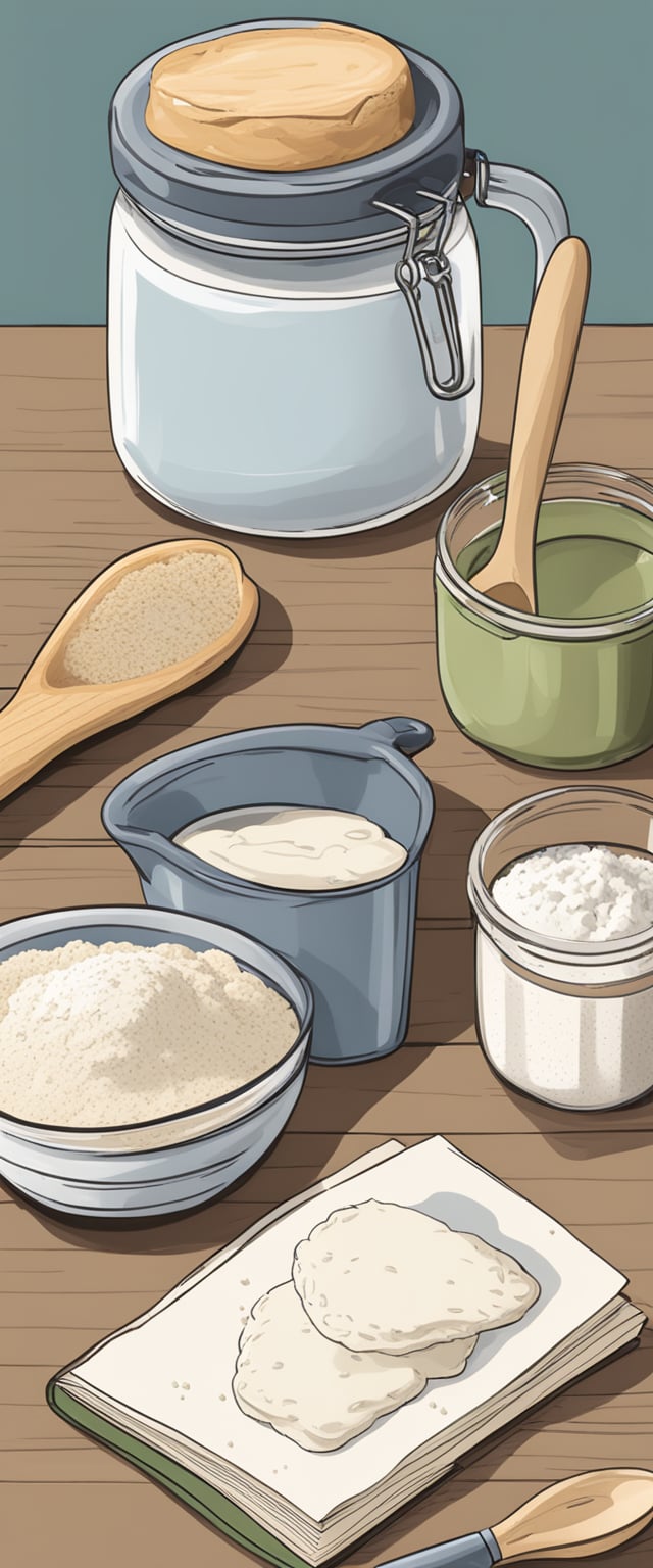 A kitchen counter with a bowl of flour, a jar of sourdough starter, a measuring cup, and a wooden spoon. A recipe book open to a page titled "Getting Started with Sourdough."