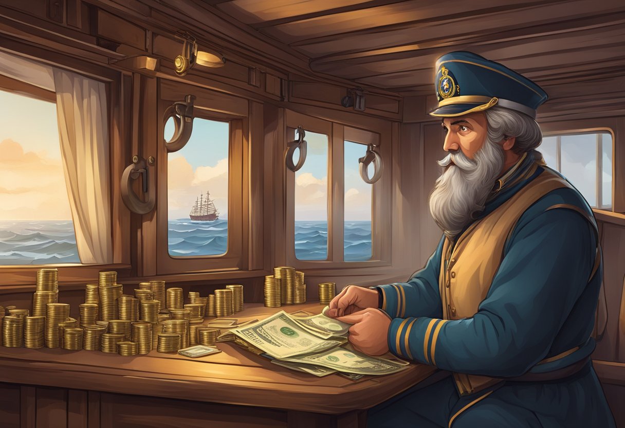 A merchant mariner counting their salary in a ship's cabin