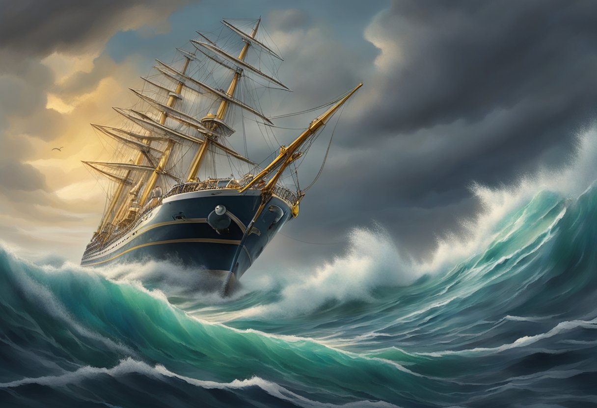 A merchant ship navigating rough seas, with waves crashing against the hull, while a stormy sky looms overhead