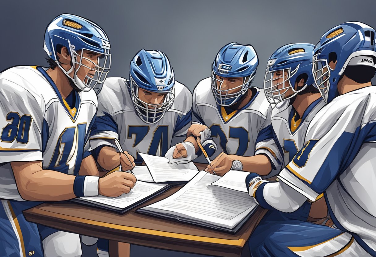 A pro lacrosse player signs a contract, receiving a substantial salary. The player celebrates with teammates and coaches