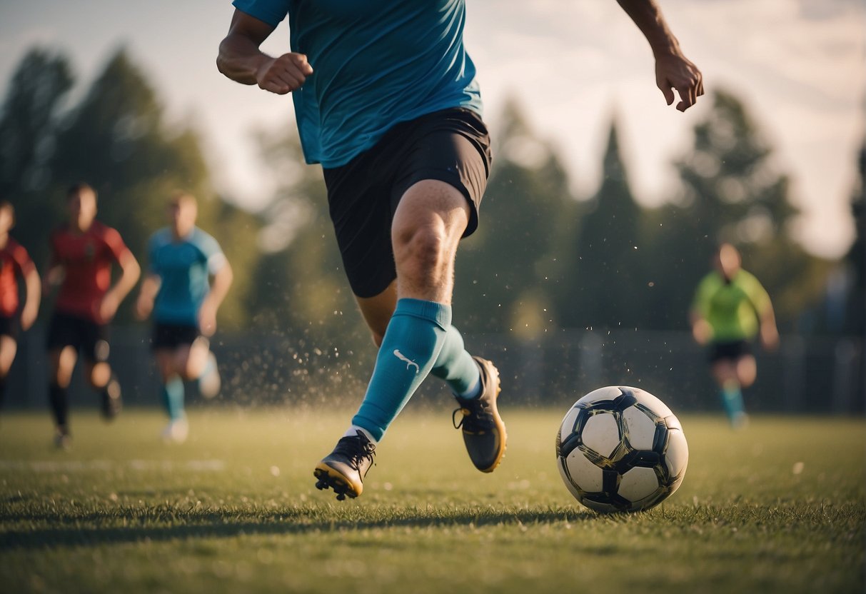 Soccer player explosively kicking ball on field. Jumping, sprinting, and agility drills in intense training session