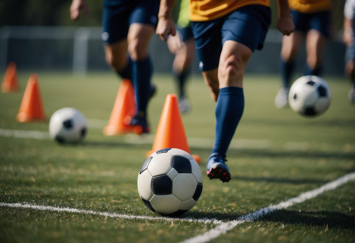 Soccer players performing agility drills with cones and speed ladder on a grass field