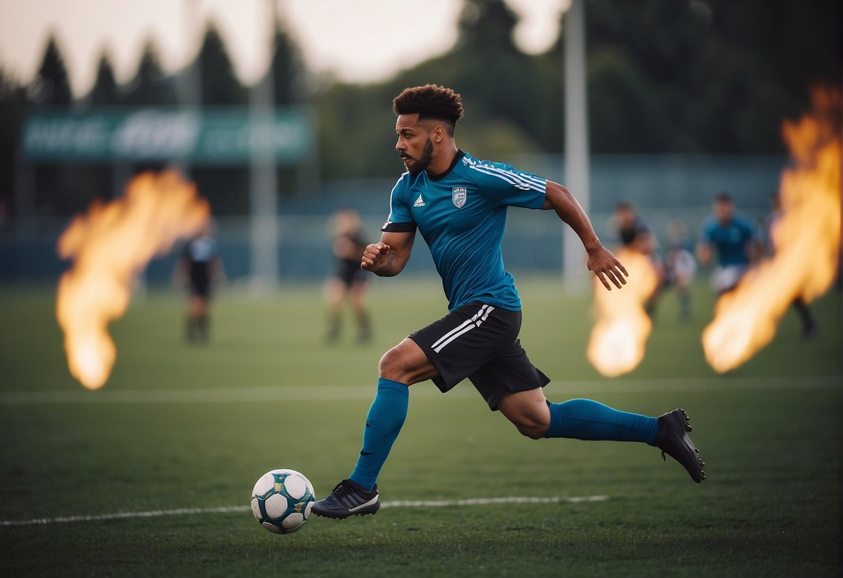 Soccer player performing explosive lunges and plyometric jumps on a field