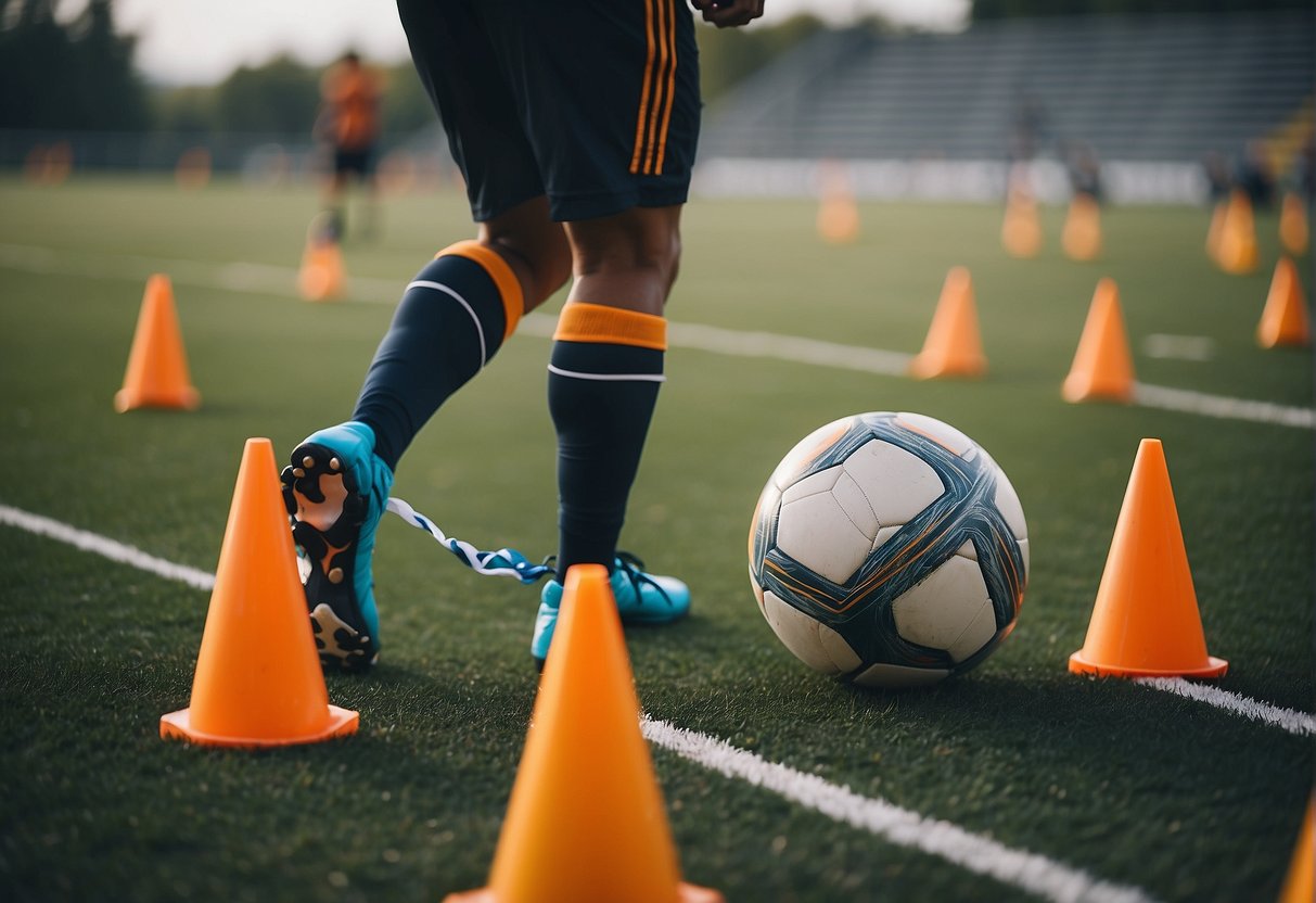 Soccer player performing leg exercises with cones and resistance bands on a grass field