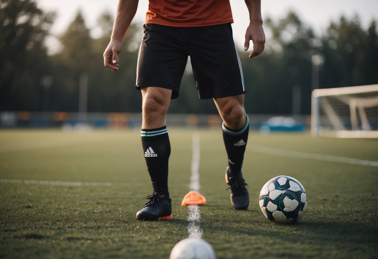 Soccer player performing leg exercises on field with cones and resistance bands