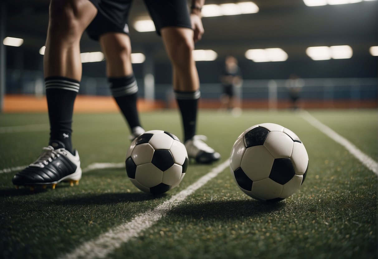 Soccer players perform leg exercises with equipment in a gym setting