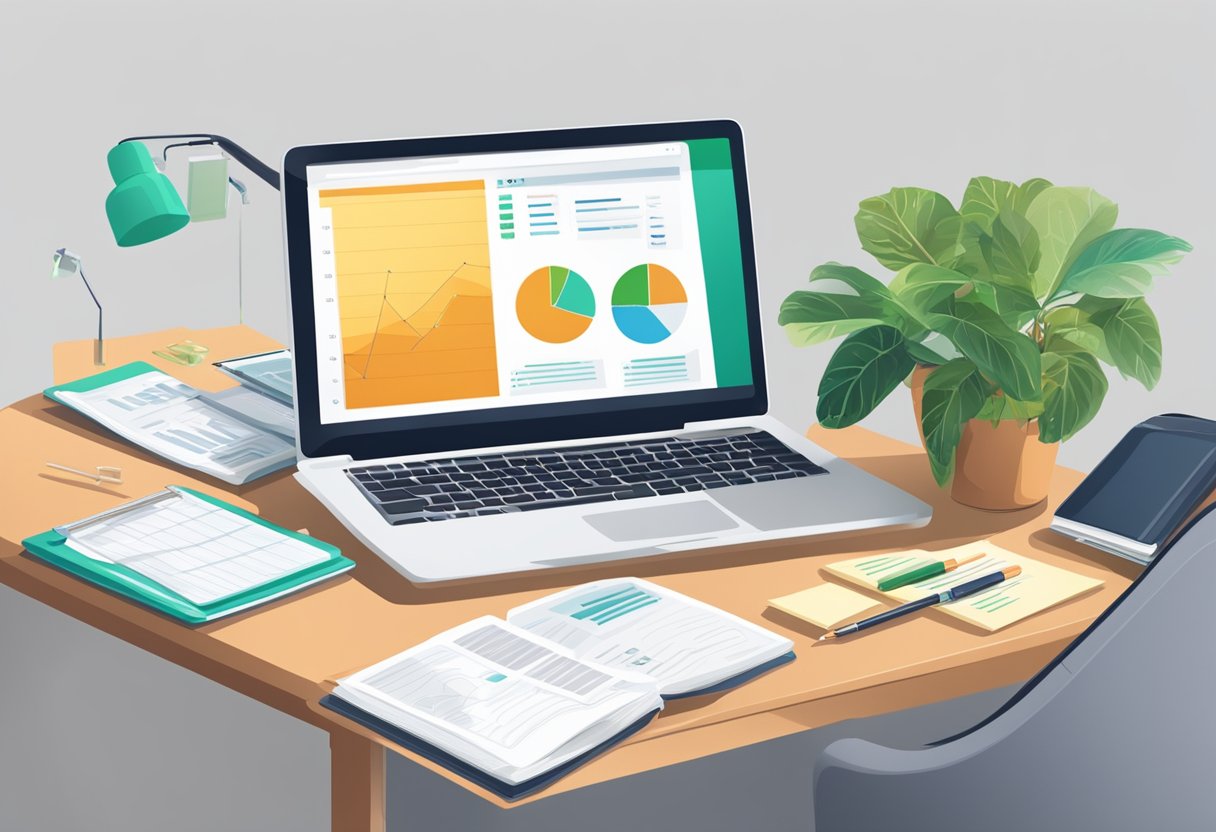 A desk with a laptop, financial reports, and a potted plant. A chart showing short-term gains and long-term profitability