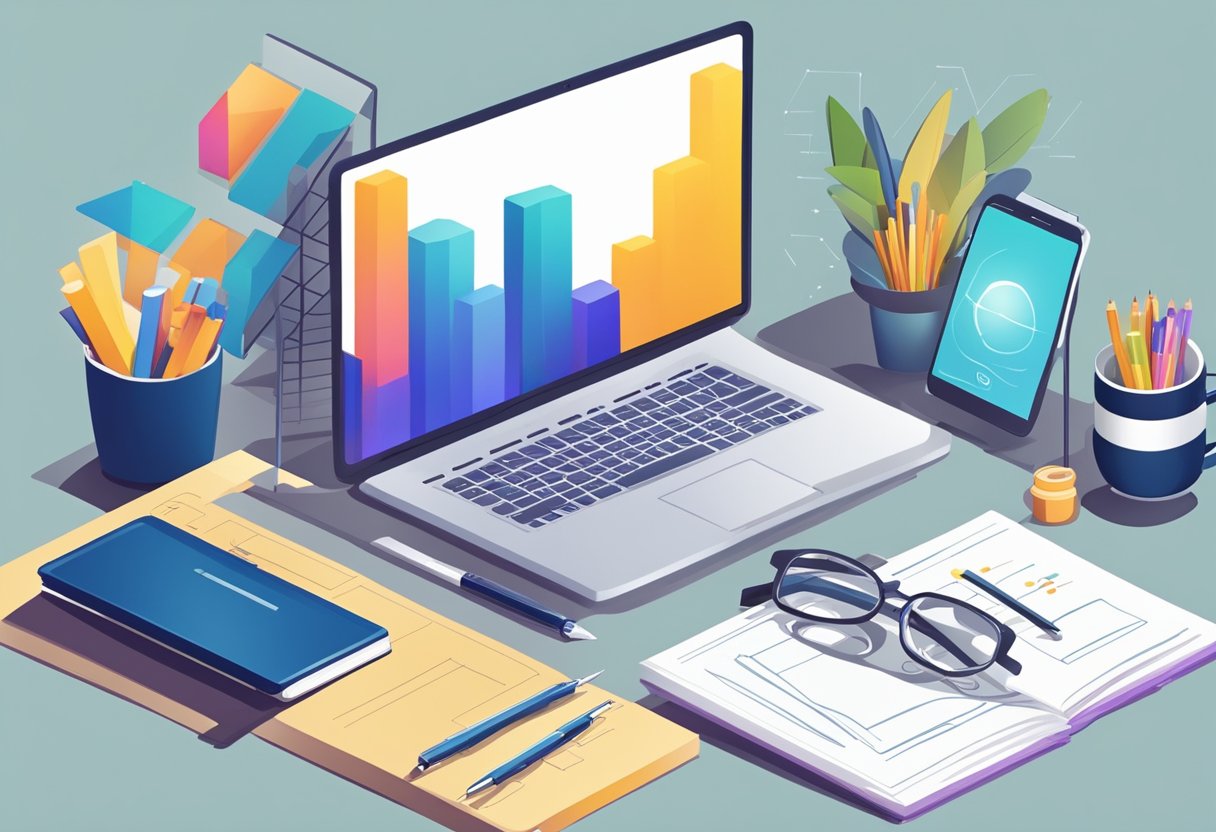 A desk with a laptop, planner, and phone. A graph showing steady growth. A handshake symbolizing client relationships. A balance scale representing profit and sustainability
