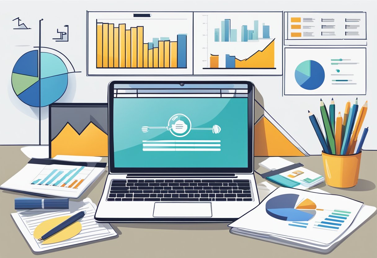 A desk with a laptop, financial reports, and a strategic plan. A graph showing steady long-term growth