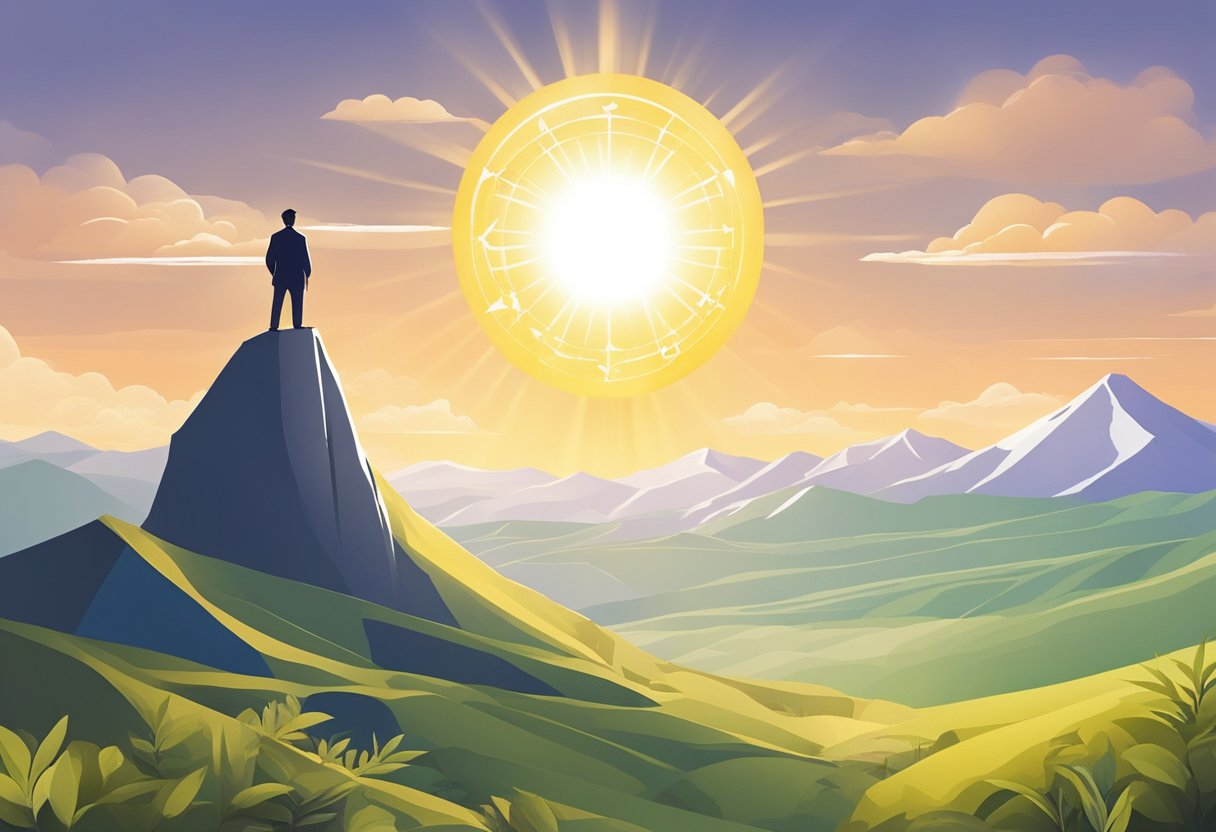 A figure stands at the peak of a mountain, overlooking a vast landscape. The sun shines brightly, symbolizing success and achievement. The figure is surrounded by symbols of growth and prosperity, representing sustainable profitability in solo consulting