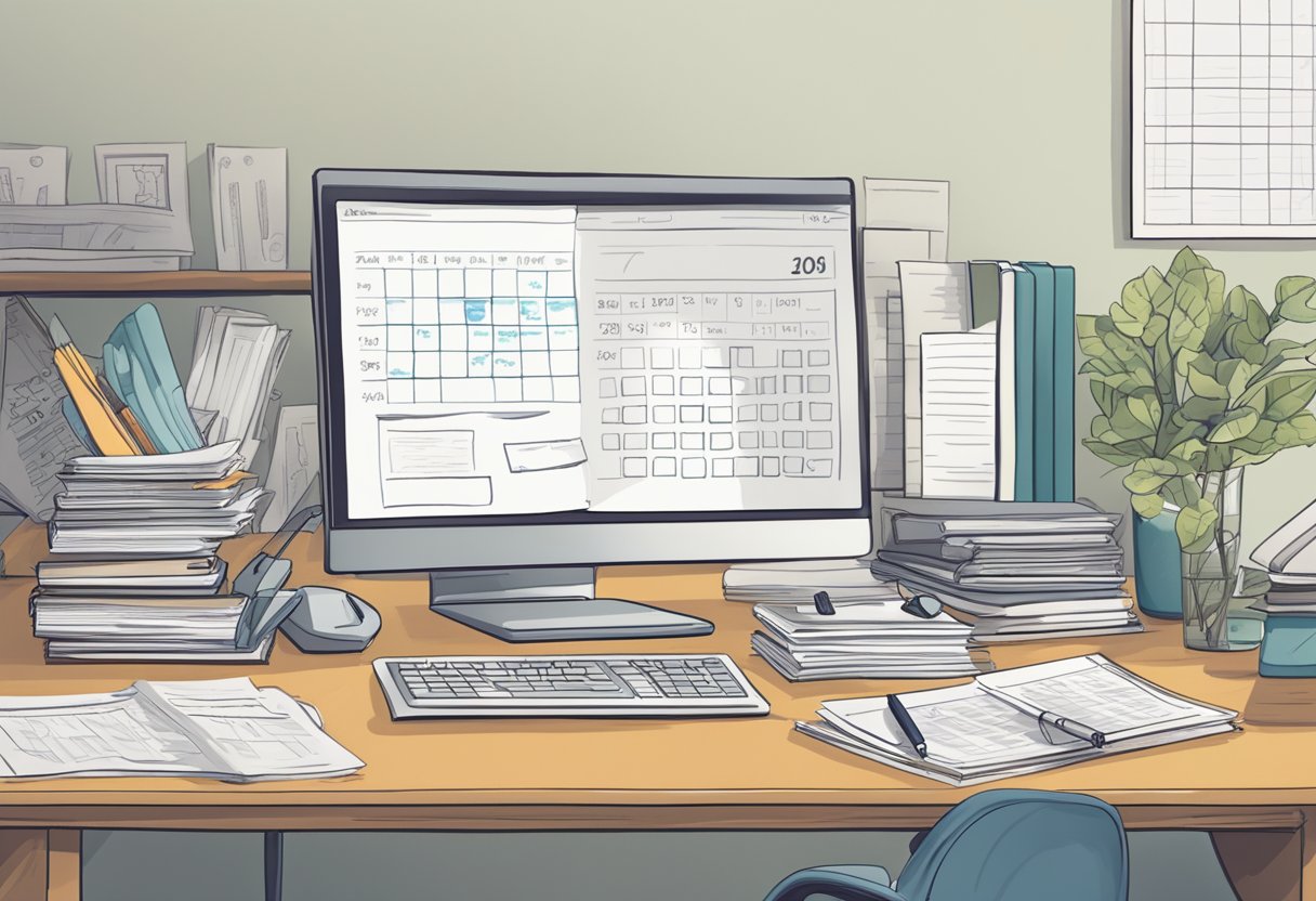 A cluttered desk with scattered papers, a laptop, and a calculator. A calendar with marked deadlines and a stack of business books. A framed quote on the wall "Balance short-term gains with long-term sustainability."