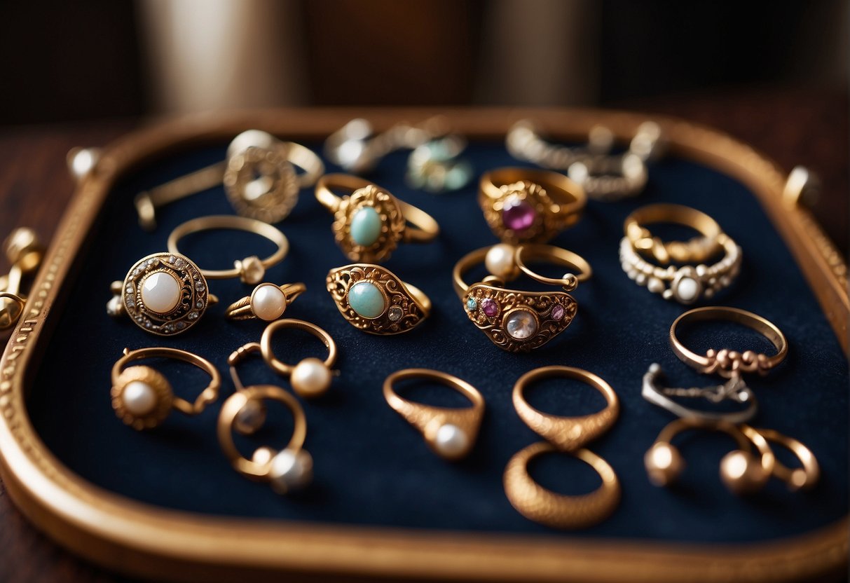 A collection of vintage and modern nose rings displayed on a velvet-lined tray, catching the light and showcasing their unique designs