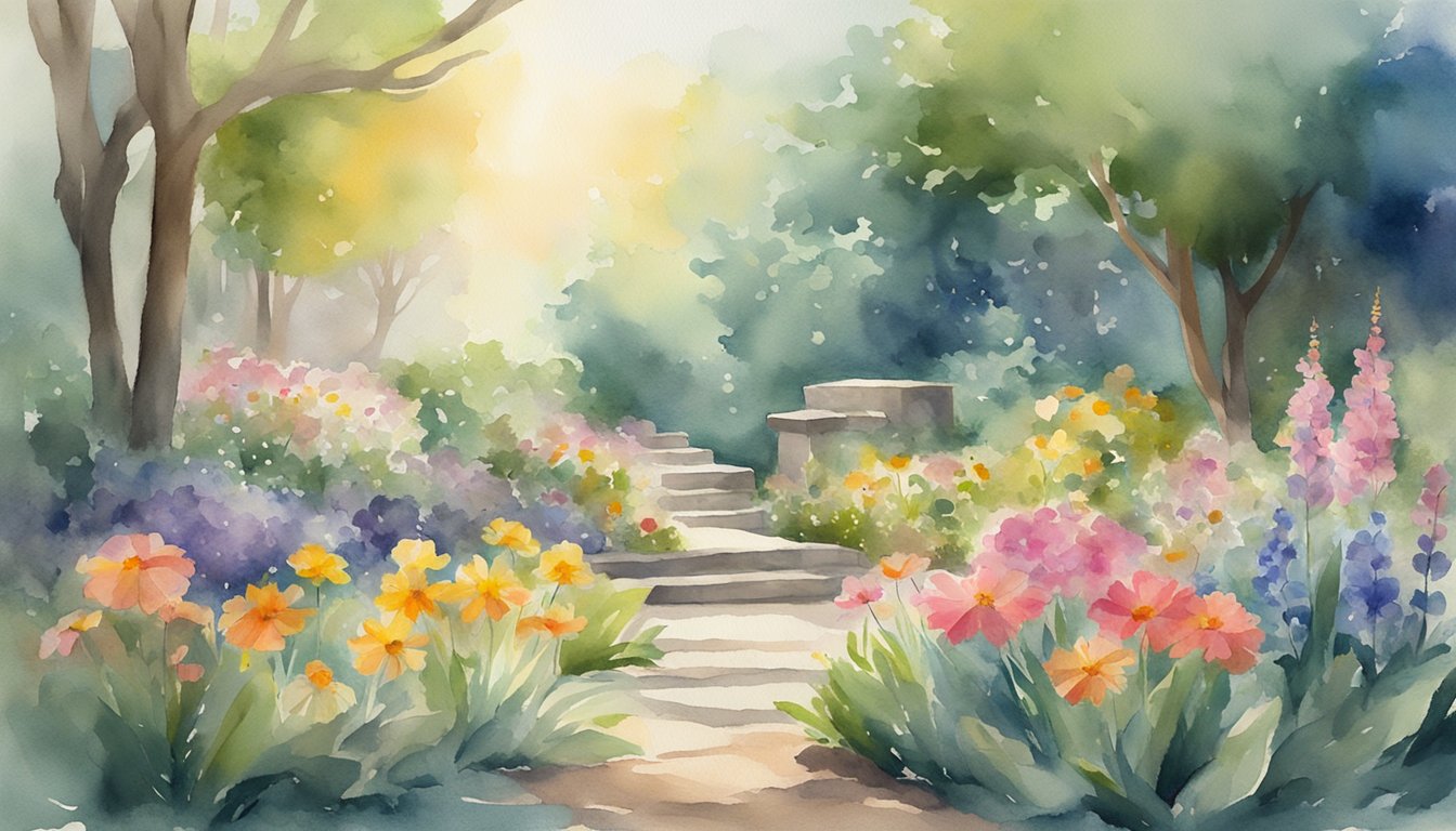 A serene garden with colorful flowers and a beam of light shining down on a stone with the number 624 engraved on it