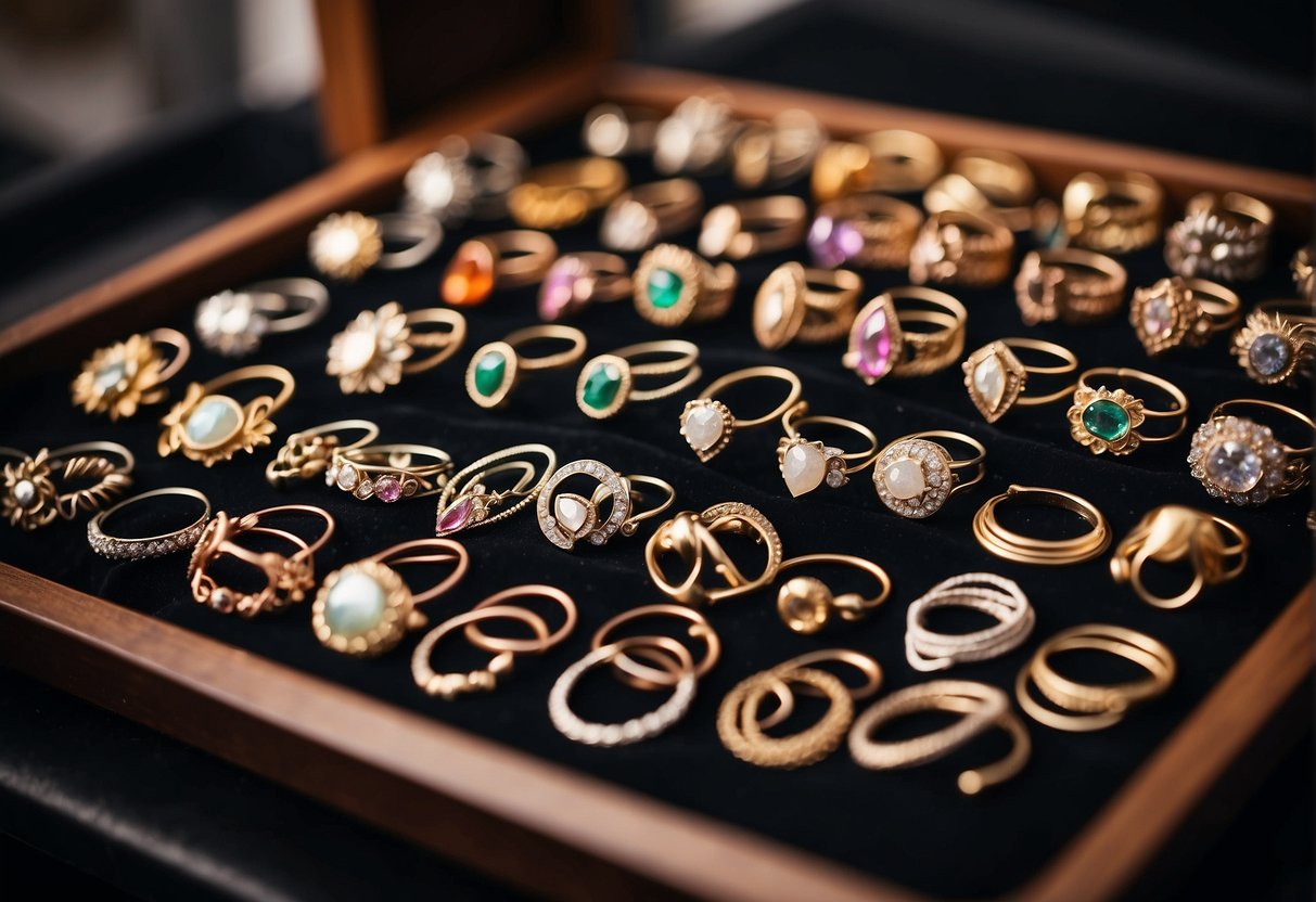 A display of trendy nose rings in various styles and sizes, arranged on a velvet-lined tray in a fashionable boutique