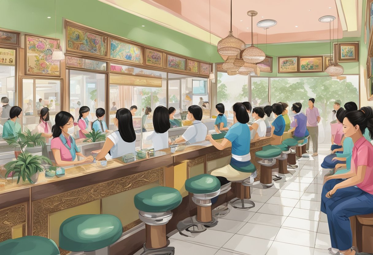 A bustling Vietnamese nail salon faces scrutiny and challenges from the industry, depicted through a busy salon interior with diverse clientele and a sign reading "Vietnamese Nail Salon."