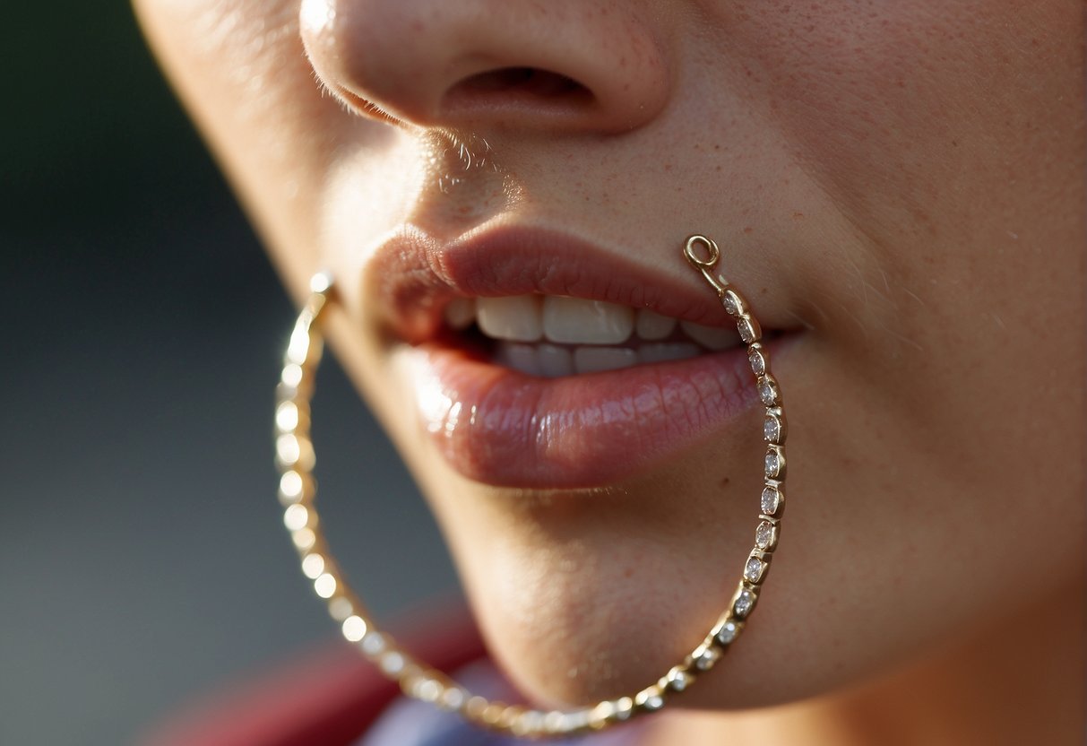 A nose ring dangles from a nostril, causing a sudden sneeze