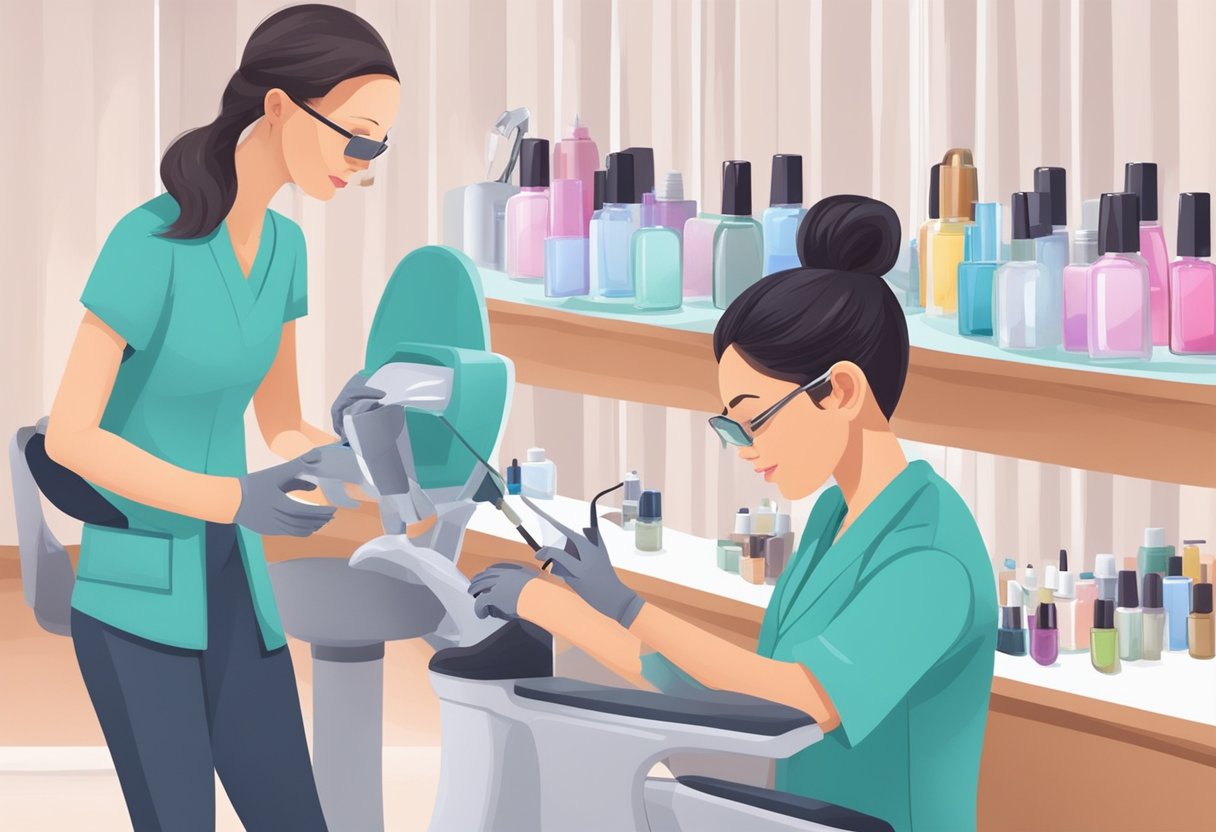 Nail salon scene: A technician inspects tools, sanitizes workstations, and applies antifungal treatments to nail equipment