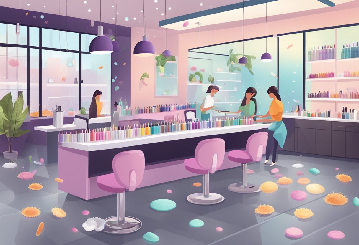 Nail salon scene with fungus spores floating in the air, contaminated nail tools, and worried customers