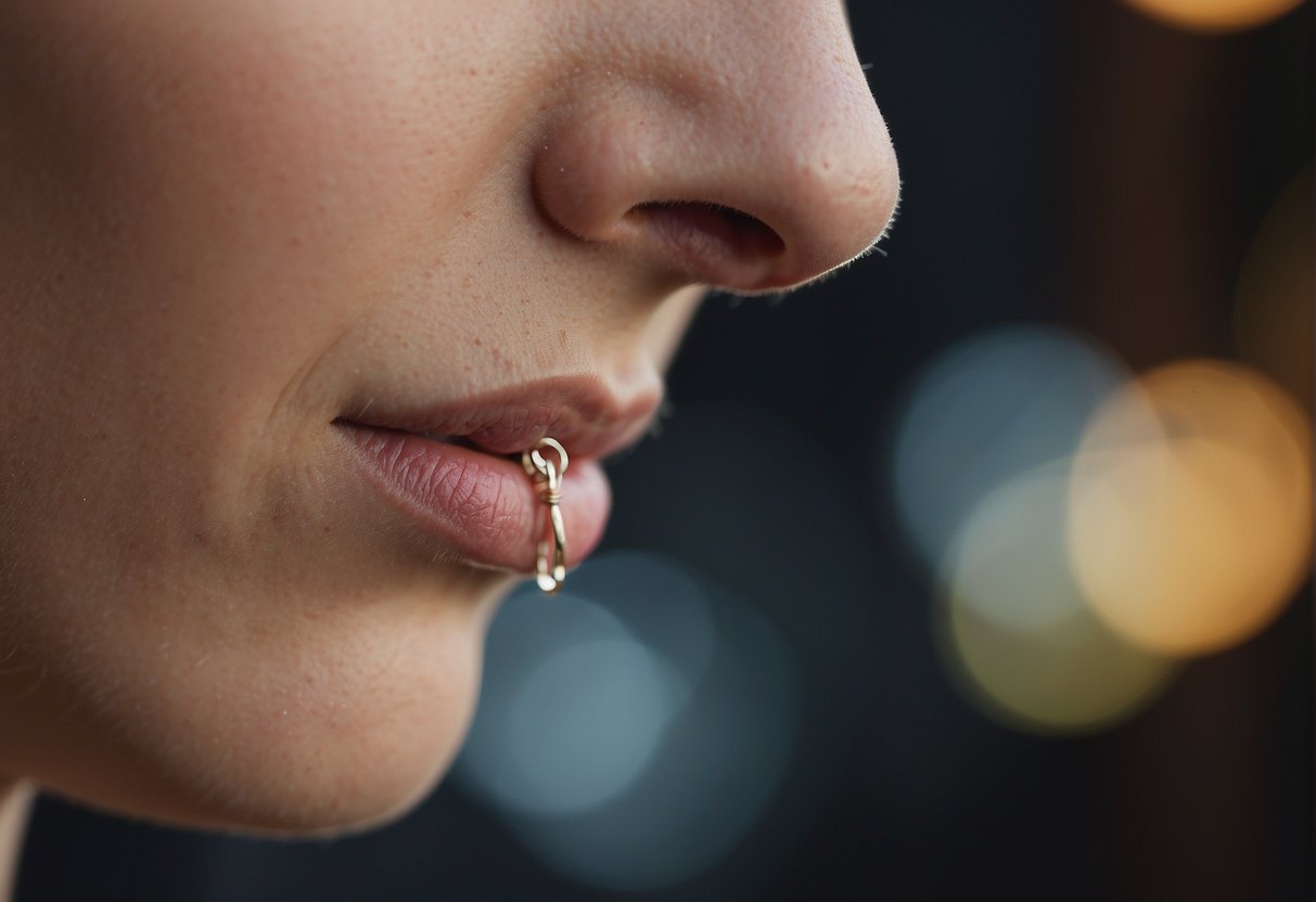A nose ring dangles from a nostril, causing a sneeze