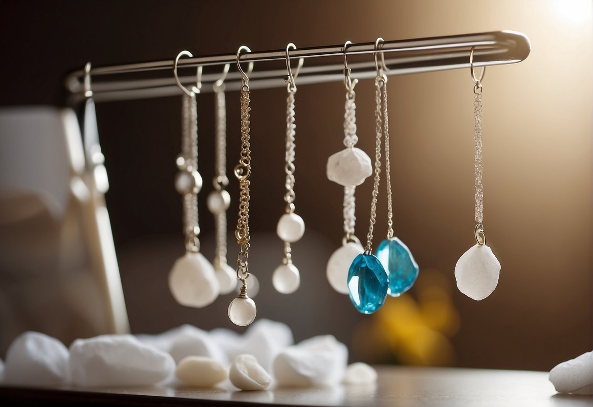 A nose ring dangling from a jewelry stand, surrounded by tissues and allergy medication