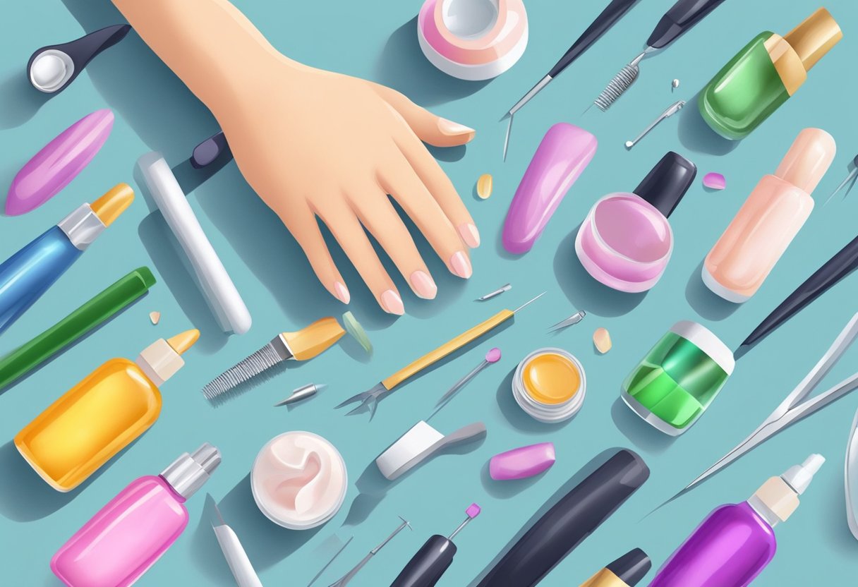 A broken natural nail lies on a salon table, surrounded by nail care products and tools. A technician's hand reaches for it, ready to repair the damage