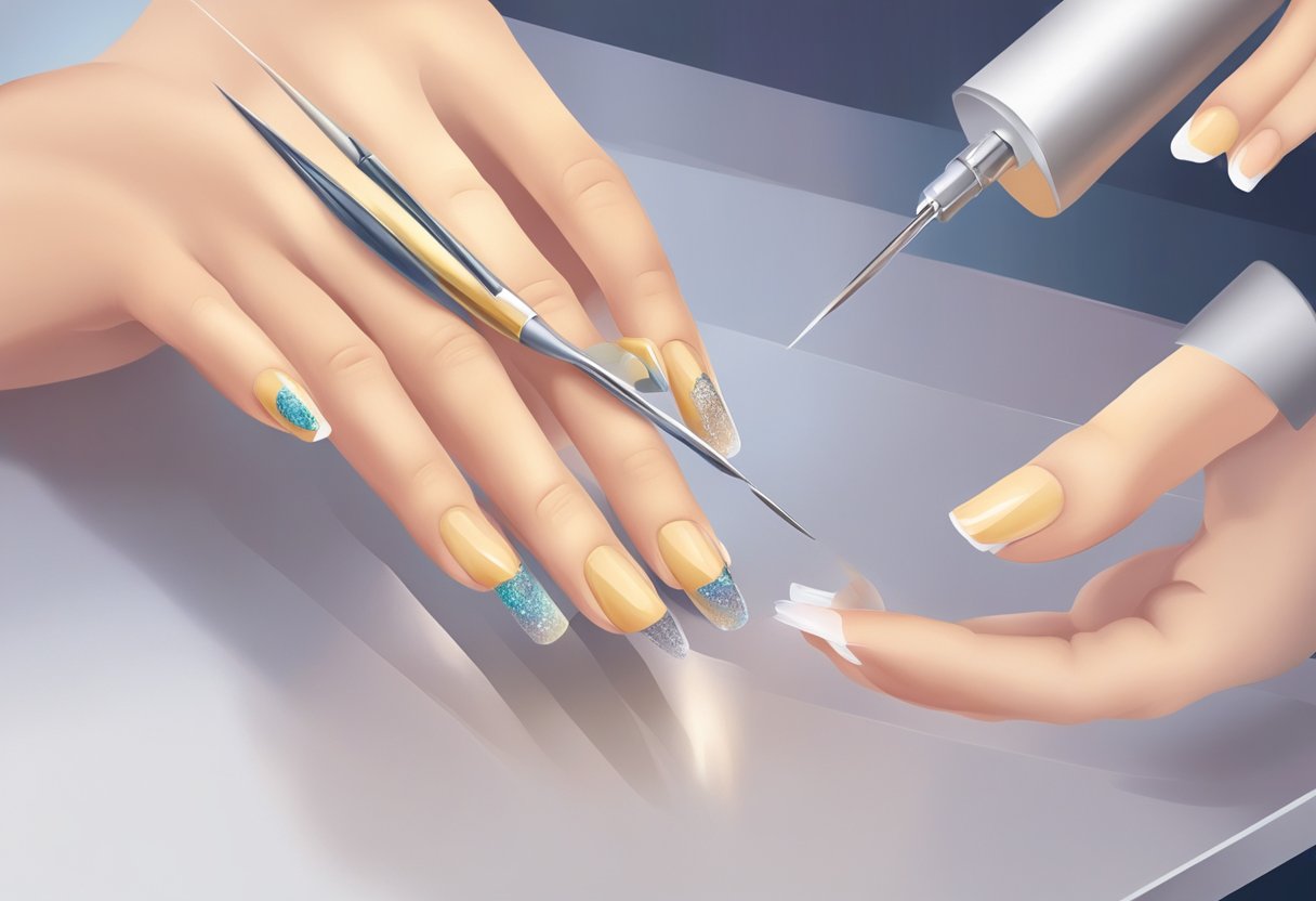 A nail technician carefully applies a strengthening solution to a broken natural nail, using precise tools and techniques to repair and restore its shape and strength