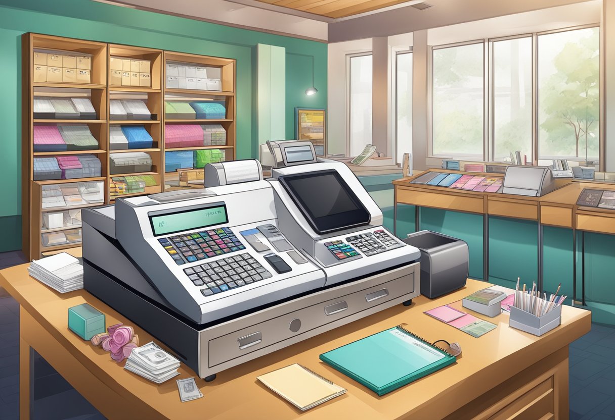 A nail salon with a cash register, receipt book, and ledger for recording sales and accounting for taxes
