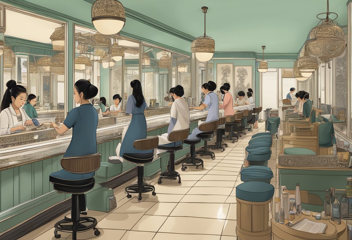 A busy nail salon with Asian decor and workers, reflecting the historical connection between Asian immigrants and the rise of nail salons in the US
