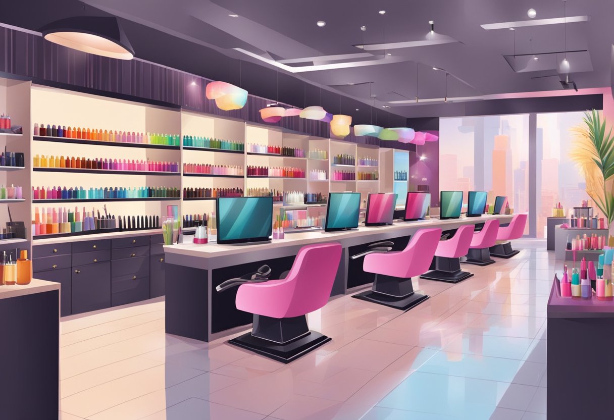 A bustling nail salon with Asian decor and staff, busy with customers getting manicures and pedicures. Shelves lined with colorful nail polish and tools