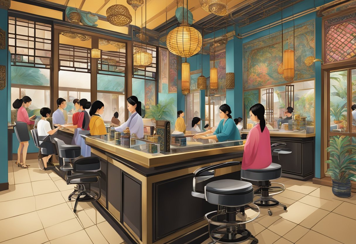 A busy nail salon with Asian decor and staff, showcasing cultural significance