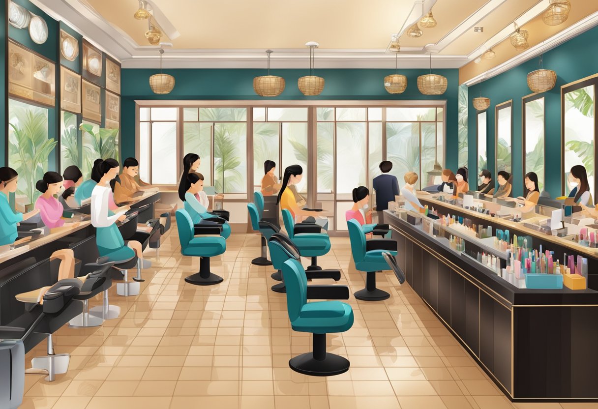 A busy nail salon with Asian decor and staff, customers getting manicures and pedicures, cash register ringing