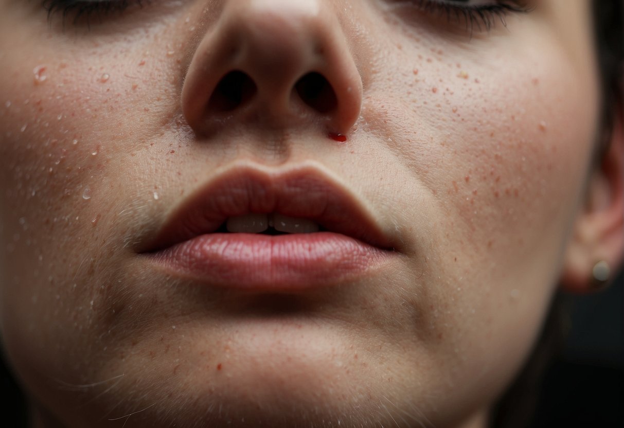 A nose ring infection spreads through red, swollen skin around the piercing, with pus oozing out