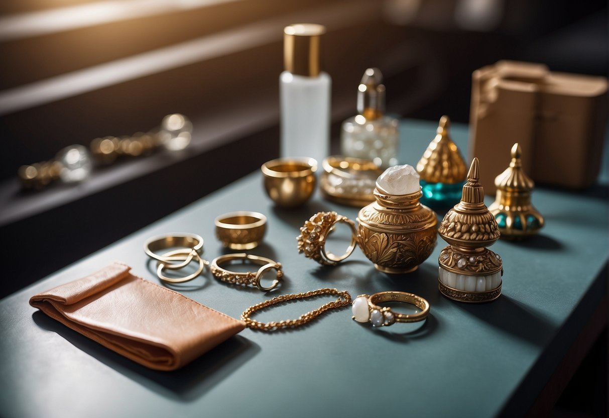 A table with various jewelry options and cleaning products. A nose ring with redness and swelling nearby