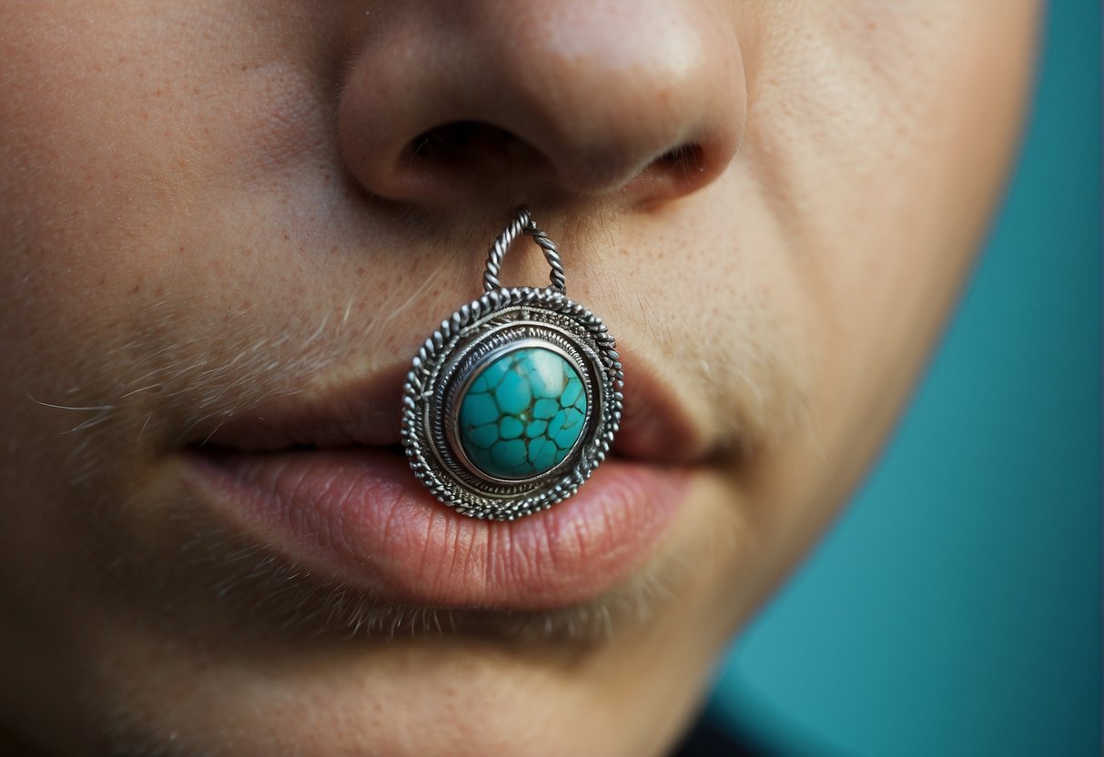A boy wearing a nose ring made of silver and adorned with a small turquoise stone