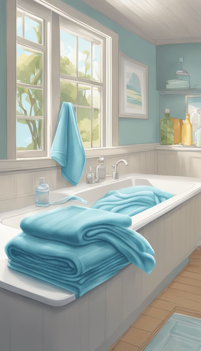 Towels submerged in warm water and fabric softener, being gently agitated to loosen fibers and improve softness
