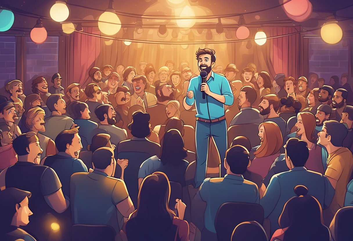 A crowded comedy club with a stage, microphone, and audience laughing. Bright lights illuminate the performer, capturing the energy and excitement of modern stand-up comedy