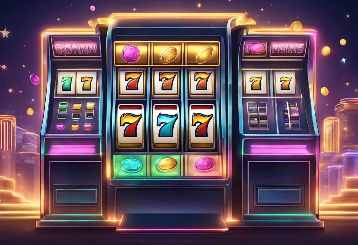 A glowing slot machine with winning symbols lining up, surrounded by excited onlookers cheering and celebrating their big wins