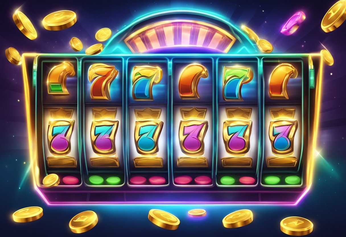 A glowing slot machine with winning symbols lined up, coins spilling out, and a triumphant sound effect playing in the background