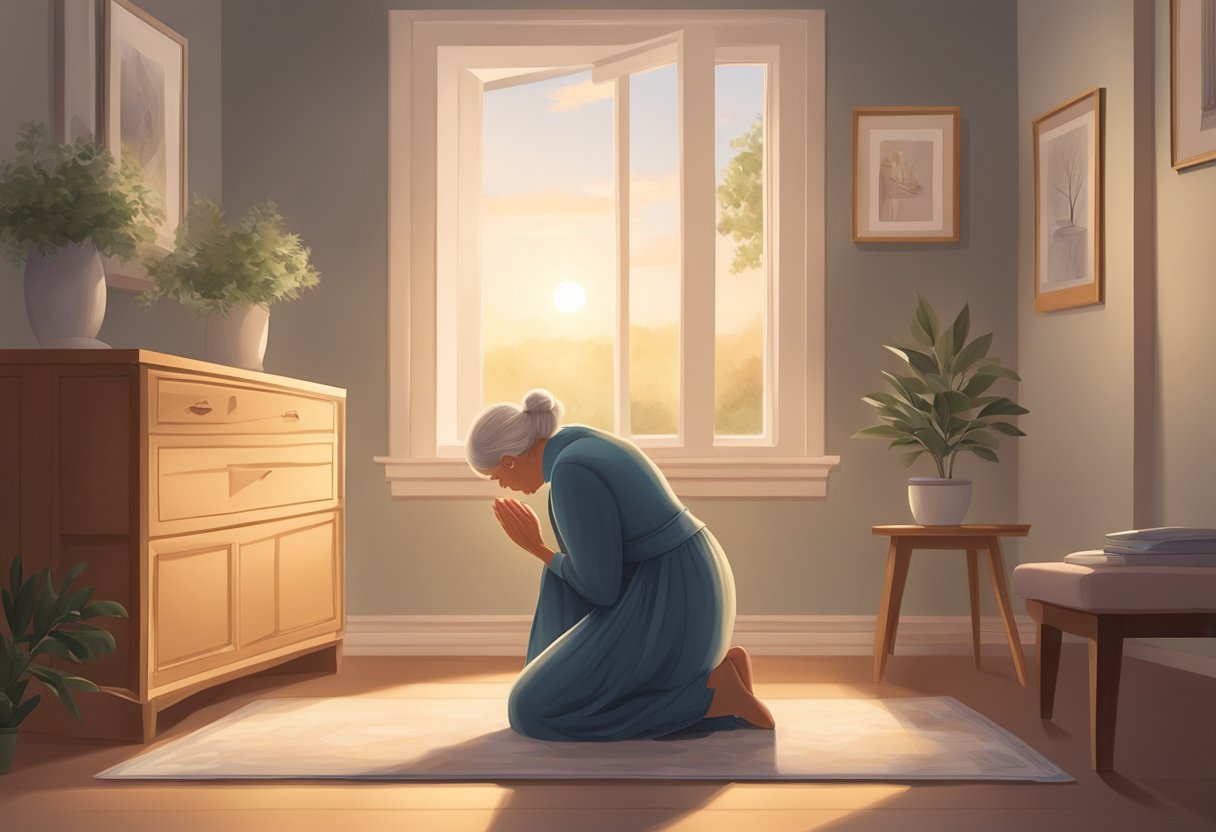 A figure kneels in front of a framed photo of a mother-in-law, head bowed in prayer. A soft glow surrounds the image, conveying a sense of reverence and love
