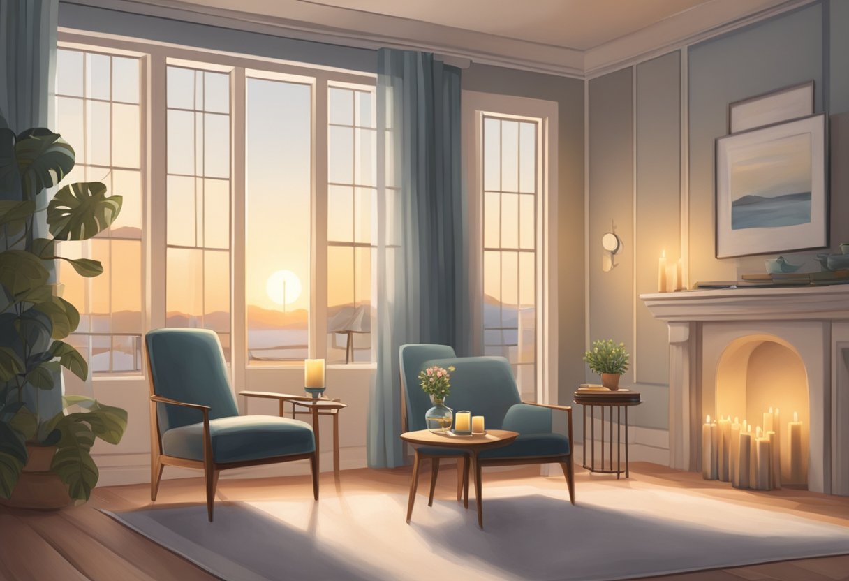 A serene room with soft lighting, a comfortable chair, and a small table adorned with a candle and a framed photo. A gentle breeze flows through an open window, carrying the sound of distant birdsong