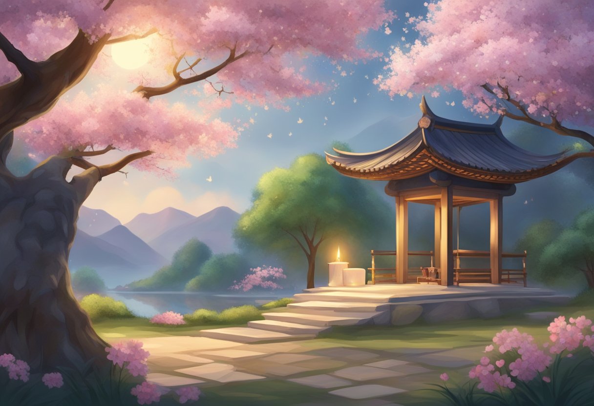 A serene garden with a blooming cherry blossom tree, a gentle breeze, and a small altar with candles and incense